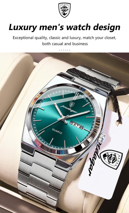 POEDAGAR Exquisite Business Men Watch Stainless Steel Waterproof Luminous Man Wristwatch Date Week Classic Men's Quartz Watches
