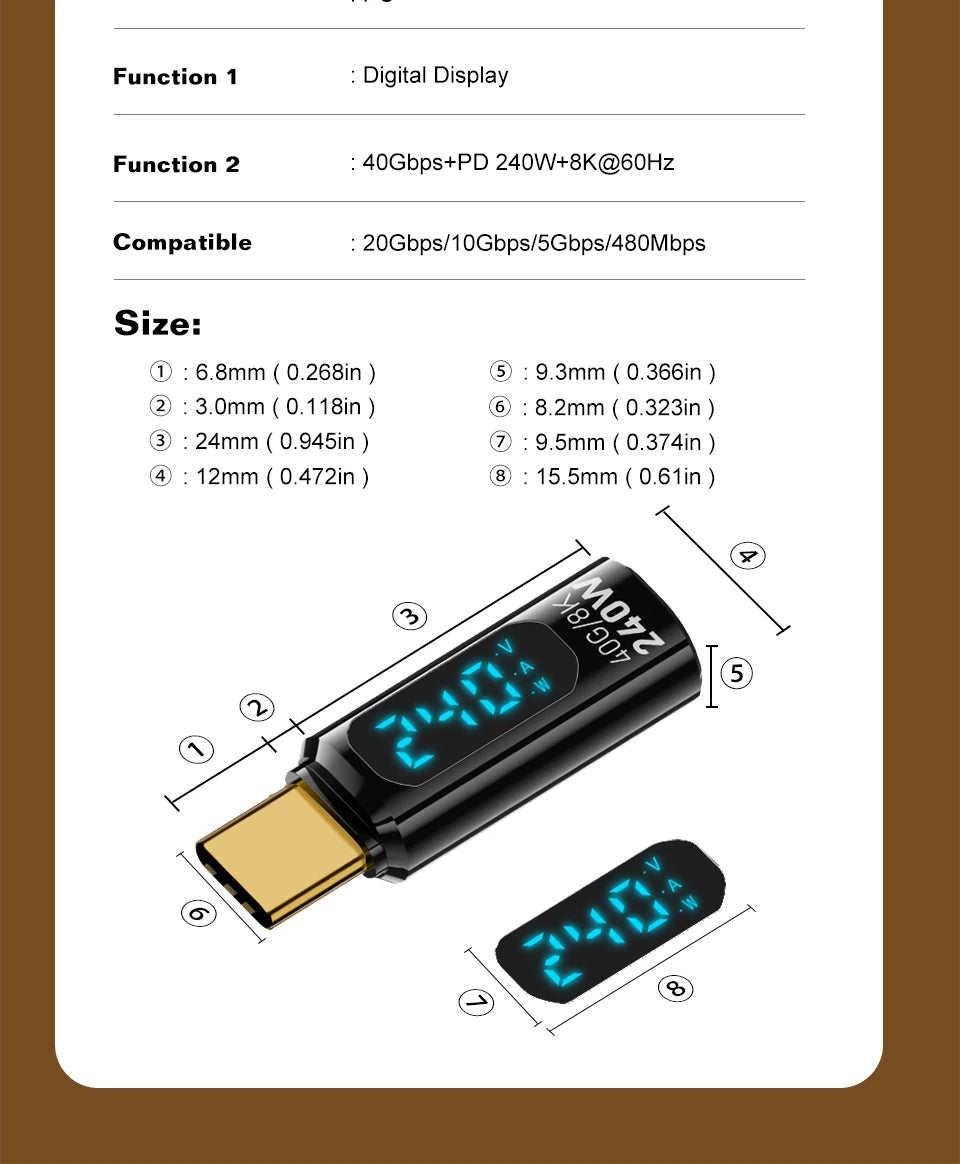 40Gbps USB4 Type C Adapter Digital Display USB 4 80Gbps Thunderbolt 4/5/3 Cable Connector USB-C to USB-C OTG 240W 8K for Laptop