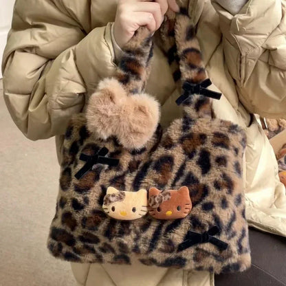Hello Kitty leopard print plush fashion cute handbag for girls shoulder bag armpit handbag lightweight and durable gift forgirls