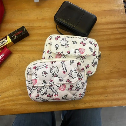 New Cute Sanrio Soft Cotton Embroidered Bow Zipper Women's Makeup Bag Cat Card Bag, Earphone Bag, Key Bag, CCD Storage Bag