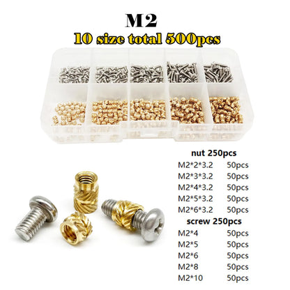 Brass Copper Embed Insert Nut Screw Kit Set M1.4M1.6 M2 M2.5 M3 M4 M5 M6 for Heat Melt Injection 3D Print Twill Knurled Thread