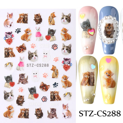 Lovely Dog Cat Animal Bunny 3D Korean Cartoon Scrawl Relief Self Adhesive Nail Art Stickers Cute Pretty Puppy Kitty Star Manicur