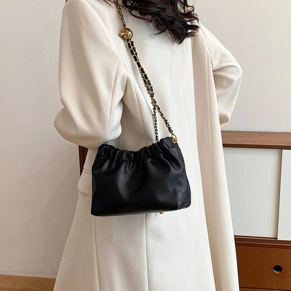 Women Chain Shoulder Bag Versatile Crossbody Tote Bag Casual Pleatd Hobo Bag Satchel Sling Bag Girl Stylish Purse