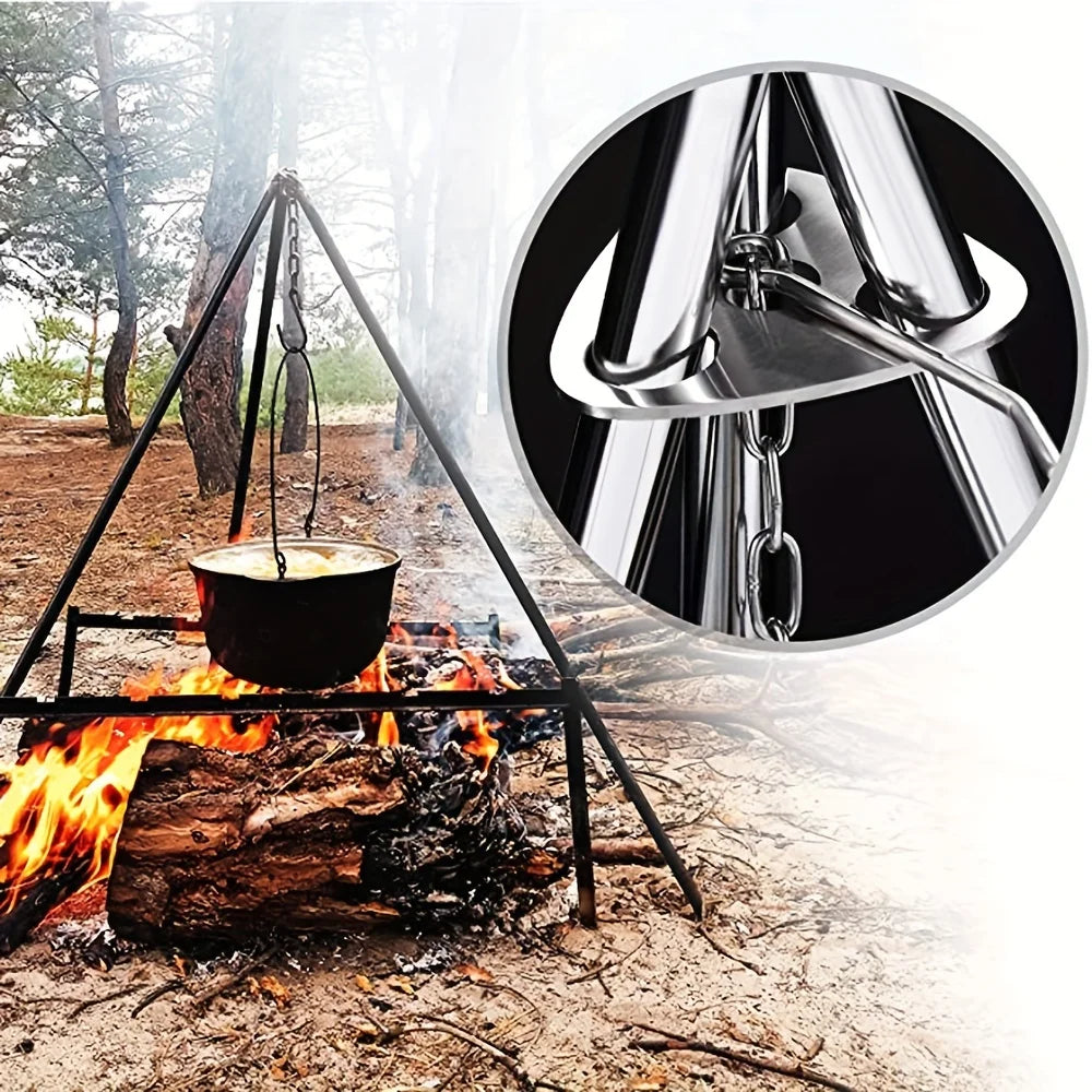 Portable Detachable Outdoor Barbecue Tripod Hanging Rack Stainless Steel Camping Campfire Grill Pot Triangle Stand Set