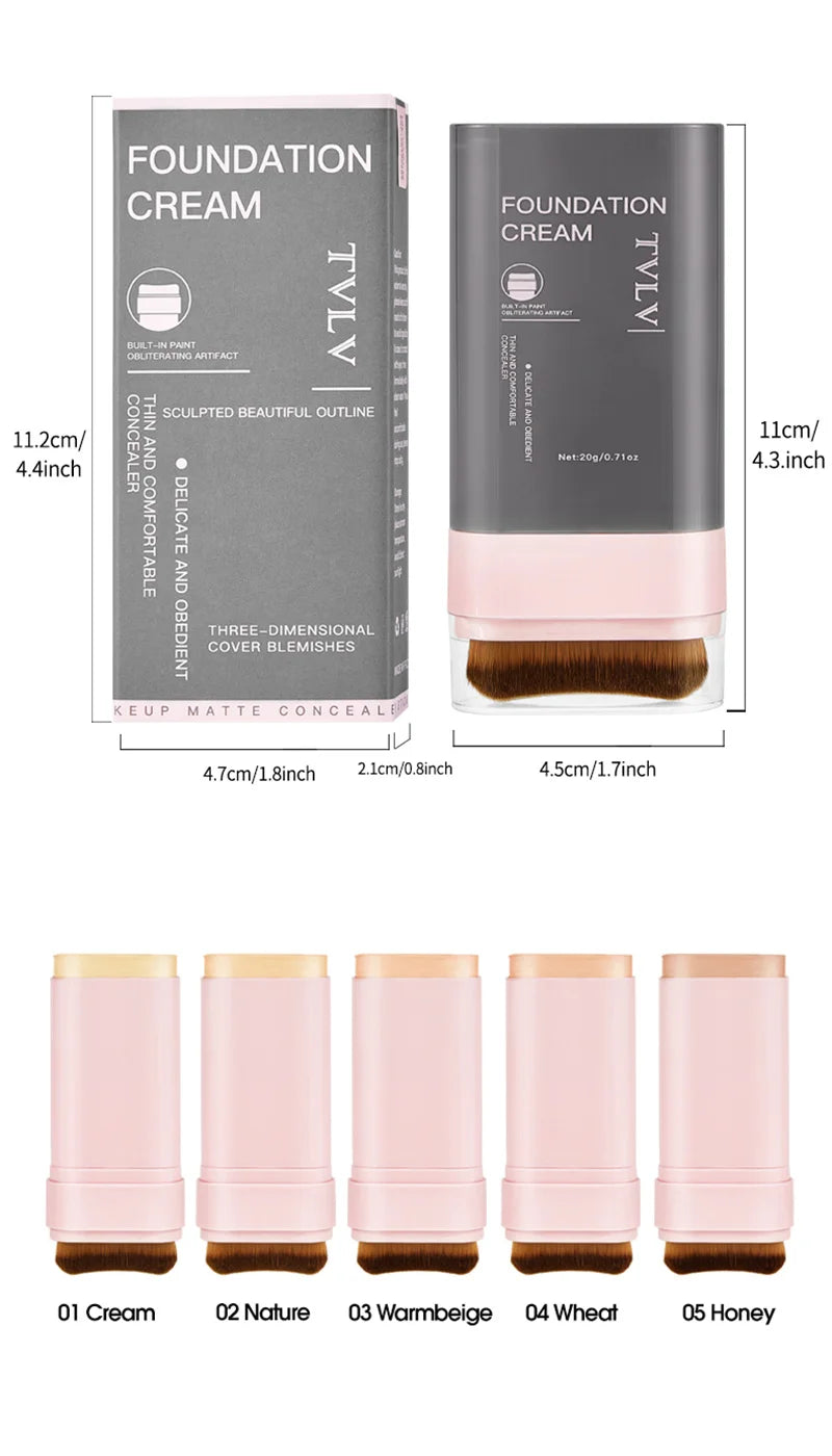 TVLV Concealing Foundation Stick: 5 Shades with Built-In Brush - Cream Finish, Lightweight and Waterproof Formula,