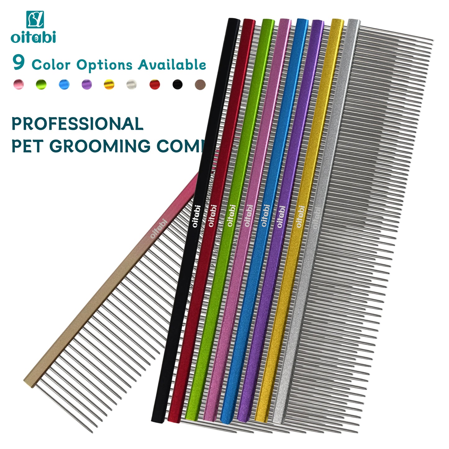 Oitabi Pet Comb Stainless Steel Long Teeth Comb for Dogs & Cats Pet Hair Comb for Home Grooming Kit Removes Knots Mats & Tangles