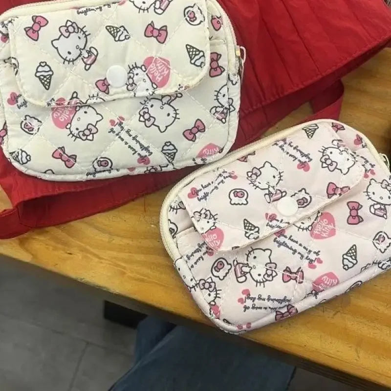 New Cute Sanrio Soft Cotton Embroidered Bow Zipper Women's Makeup Bag Cat Card Bag, Earphone Bag, Key Bag, CCD Storage Bag