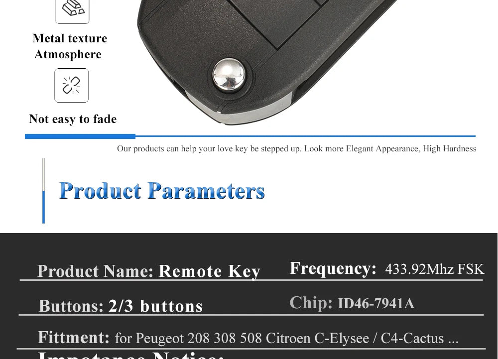 jingyuqin 433.92Mhz ID46-pcf7941 Car Remote Key 2/3 Buttons Fob For Peugeot 508 208 2008 301 308 5008 Citroen C-Elysee C4-Cactus