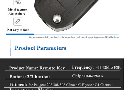 jingyuqin 433.92Mhz ID46-pcf7941 Car Remote Key 2/3 Buttons Fob For Peugeot 508 208 2008 301 308 5008 Citroen C-Elysee C4-Cactus