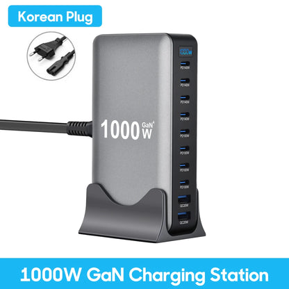 1000W 10-Port GaN Desktop Adapter 140W PD Fast Charging for MacBook Pro Laptop, 100W for Phone Tablet, Multi Port USB Hub Statio