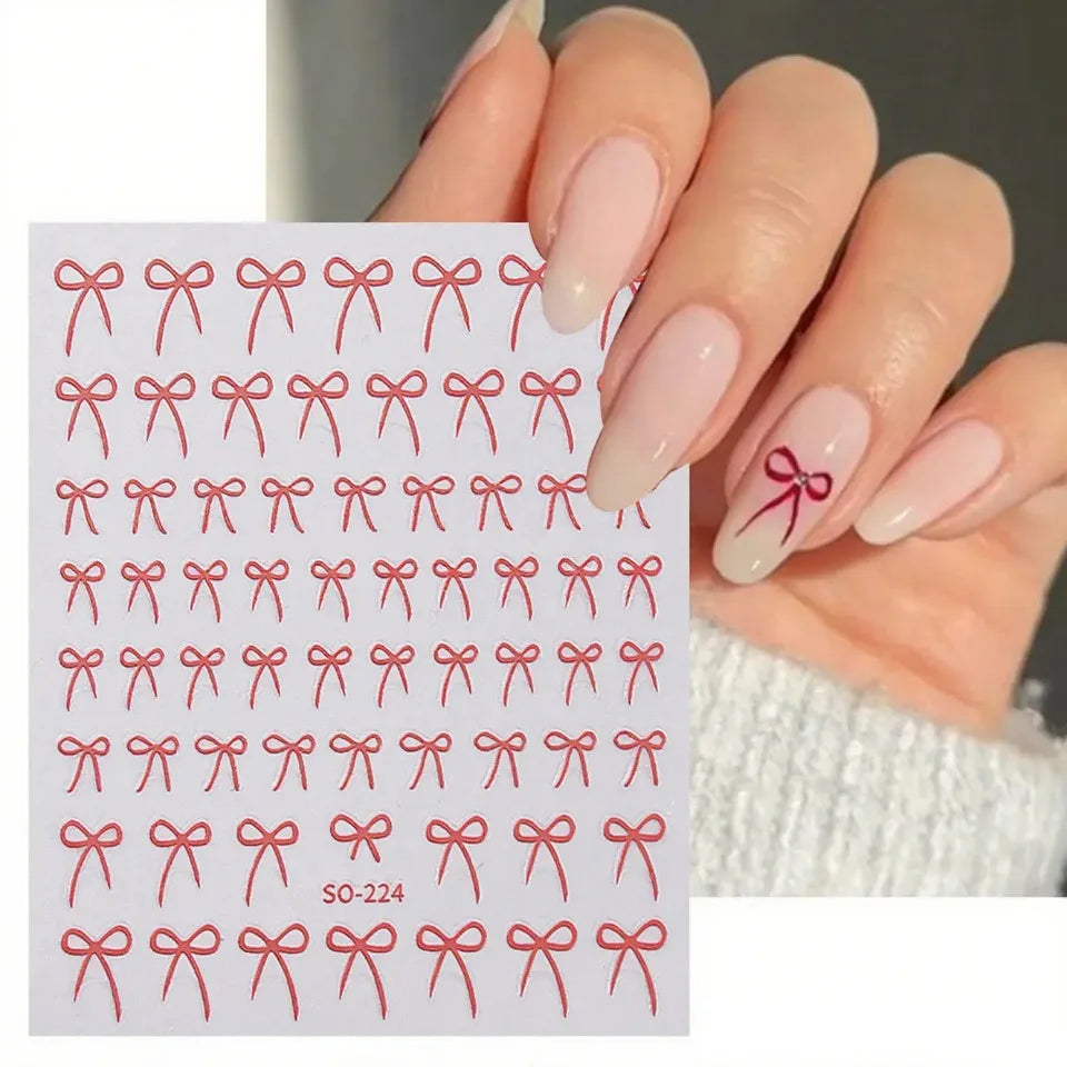 8pcs Mixed Color Bow Nail Art Stickers 3D Cute Red Black Pink Bowknot Nail Charms Foils Gold Laser Effect Bow Manicure Decor