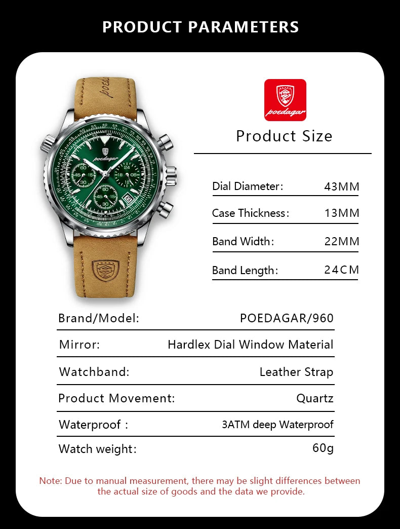 POEDAGAR Luxury Business Men's Watch Waterproof Luminous Date Chronograph Leather Man Clock Fashion Quartz Watches For Men Reloj