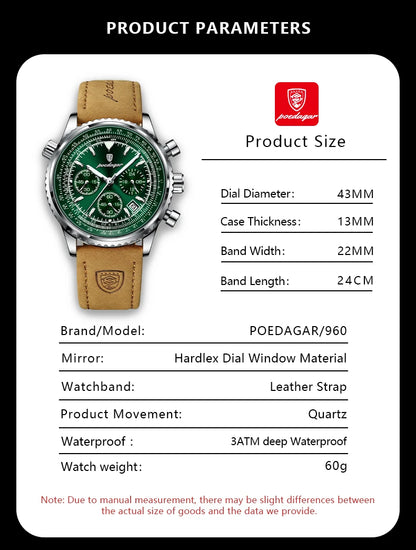 POEDAGAR Luxury Business Men's Watch Waterproof Luminous Date Chronograph Leather Man Clock Fashion Quartz Watches For Men Reloj