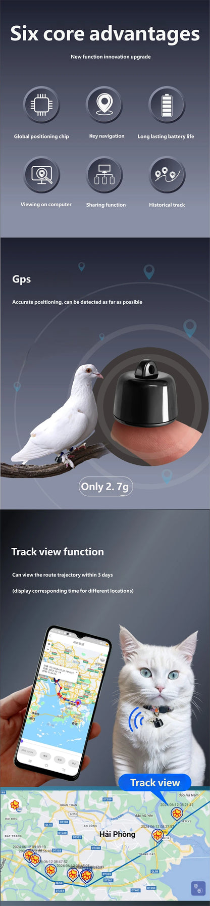 Mini Pets Global Locator Compatible with Android ISO System for Birds and Dogs and Cats View 3 Days of Movement GPS Tracker
