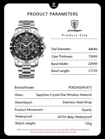 POEDAGAR Luxury Man Watch Waterproof Luminous Stainless Steel Quartz Men's Wristwatch Chronograph Military Watches For Men Reloj
