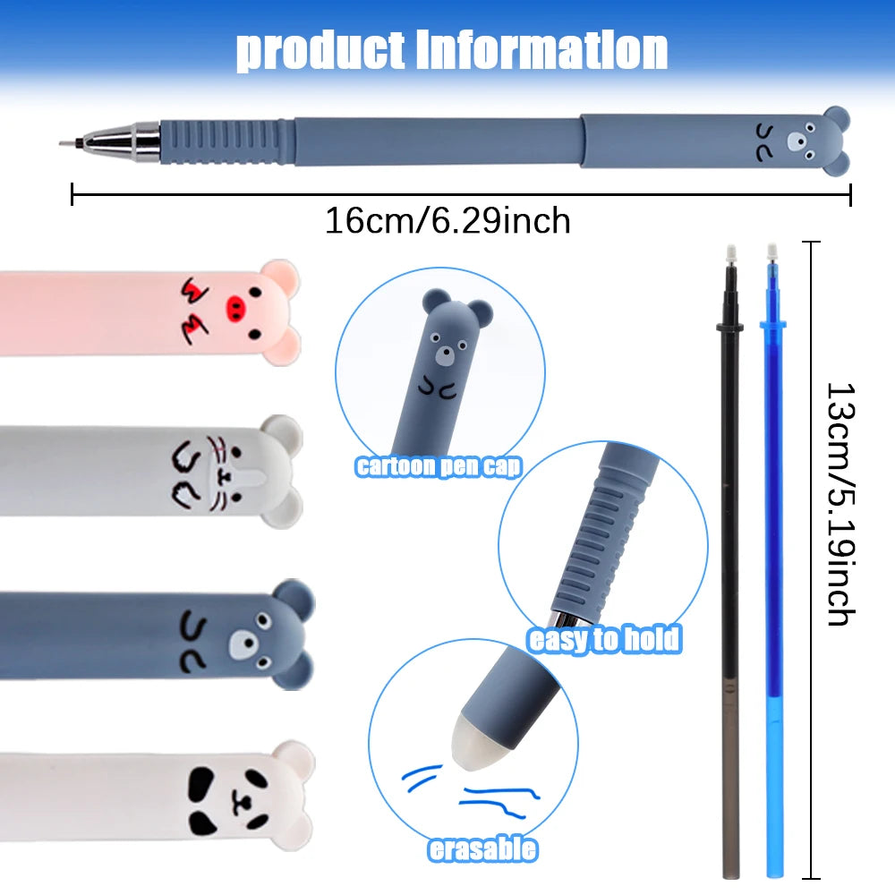 12pcs Animals Panda Erasable Gel Pen 0.5mm Blue Black Erasable Pen Refills Rods Washable Handle School Supplies Stationery
