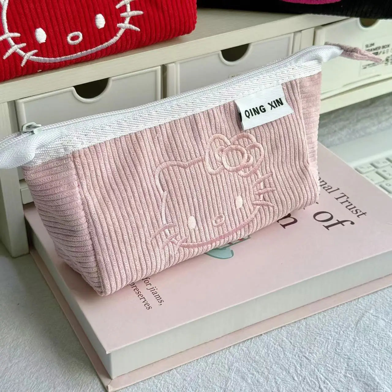 Cute Hello Kitty Corduroy Large Capacity Stationery Storage Bag Portable Handbag Cartoon Pen Bag with High Appearance Value