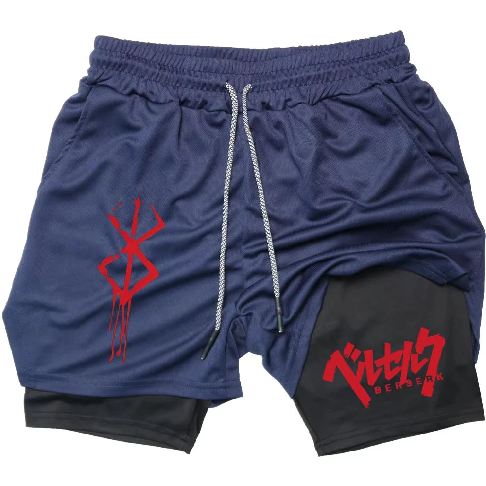 Anime Berserk Performance Shorts Men 2-in- Running Compression Shorts Training Yoga Gym Sportswear Workout Shorts with Pockets