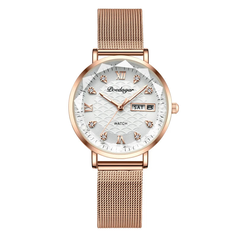 POEDAGAR Top Elegant Women's Watches Stainless Steel Date Week Woman Watch Waterproof Luminous Fashion Ladies Watch Quartz Reloj