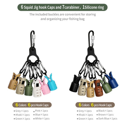 New Squid Jig Bait Protector Kit Size M 6pcs Webfoot Octopus Egi Hooks Cover Cuttlefish Umbrella Lure Cap with Carabiner