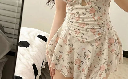 Swimming Suit for Women Solid Color Slimming One-piece Dress Style Conservative Waist Tightening Slimming Vacation Swimsuit