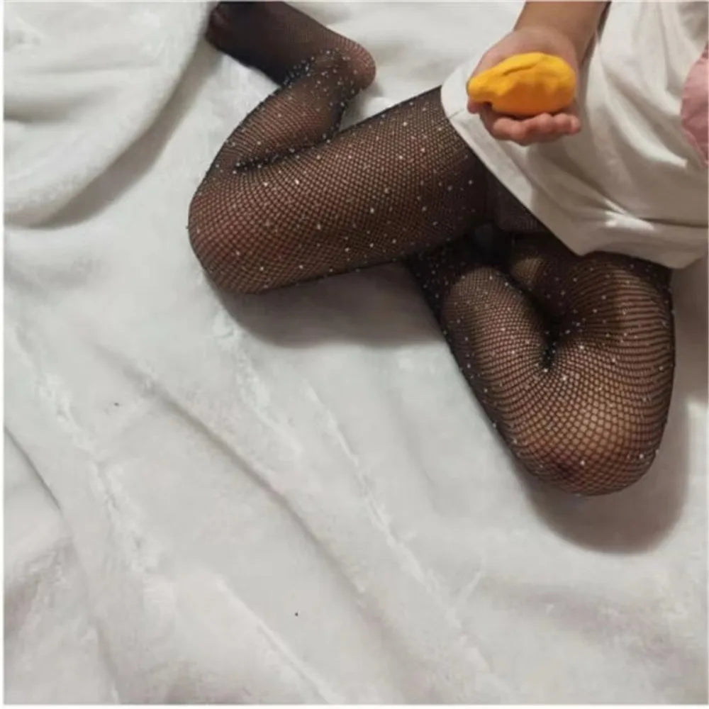 Child Fish Net Rhinestone Stretchy Tight Performance Costume Fishnet Legging Princess Baby Girls Shining Diamonds Mesh Pantyhose