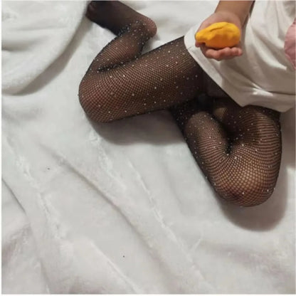 Child Fish Net Rhinestone Stretchy Tight Performance Costume Fishnet Legging Princess Baby Girls Shining Diamonds Mesh Pantyhose