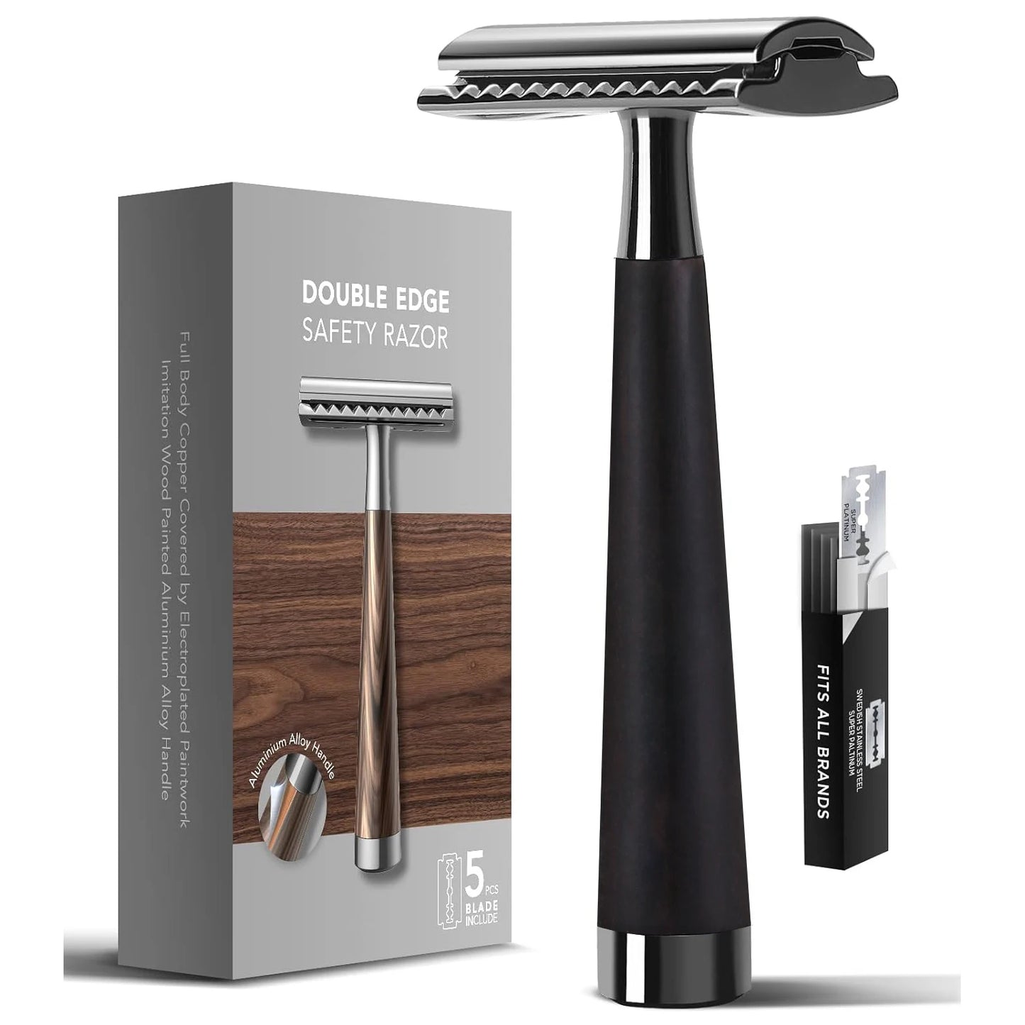 Double Edge Safety Razor, Wood Grain Handle Handle Razor with 5 Stainless Steel Blades, Heavy Duty Eco-Friendly Razor F