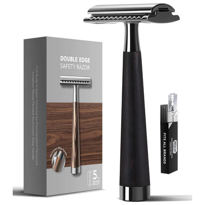 Double Edge Safety Razor, Wood Grain Handle Handle Razor with 5 Stainless Steel Blades, Heavy Duty Eco-Friendly Razor F