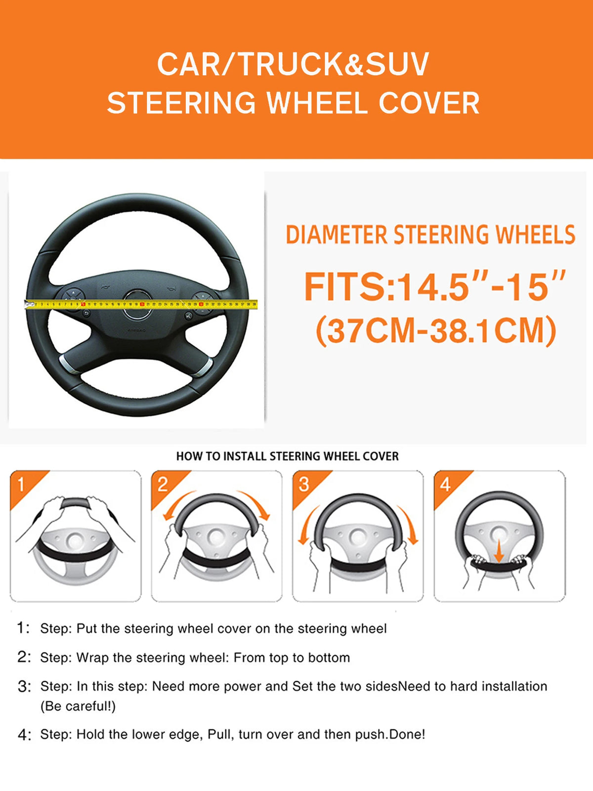 38cm PU Fiber Leather Steering Wheel Cover Embossed Style round Car Decorations Accessory with Inner Ring for All Seasons