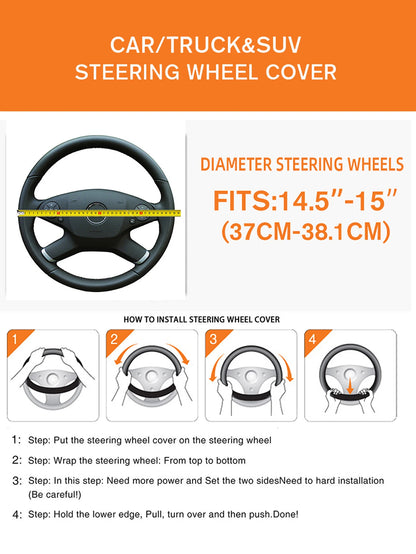 38cm PU Fiber Leather Steering Wheel Cover Embossed Style round Car Decorations Accessory with Inner Ring for All Seasons