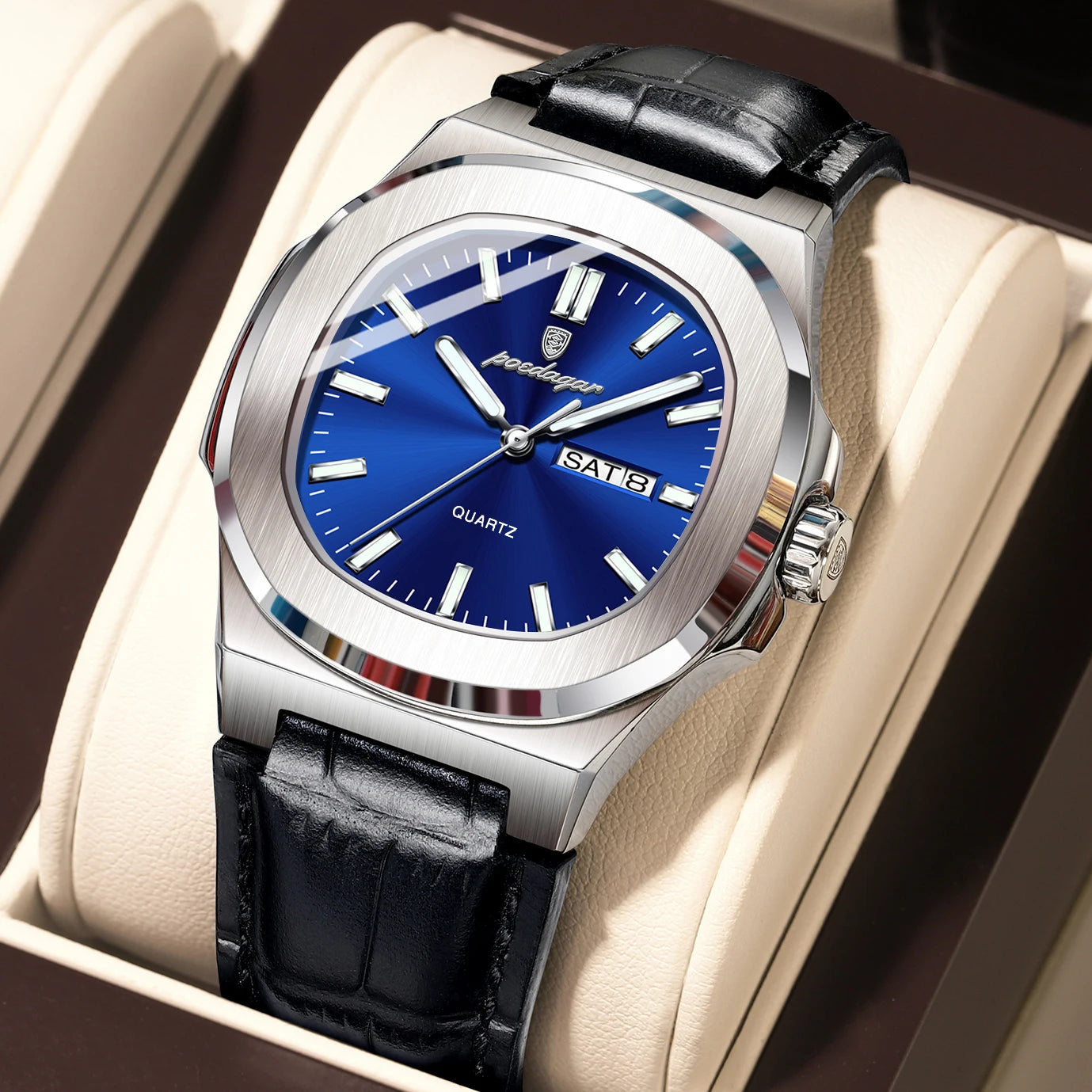 POEDAGAR Square Wristwatch For Men Luminous Waterproof Week Calendar Luxury Man Clock Leather Quartz Fashion Men's Watches Reloj