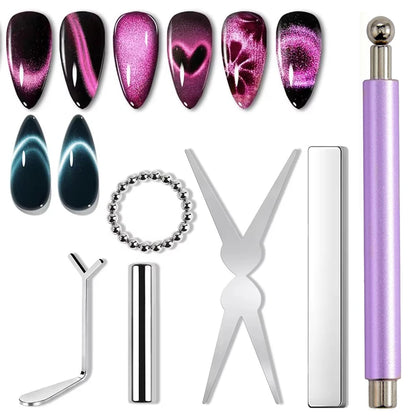 6Pcs Nail Magnet Tool Set Cat Eye French Tips Cat Eye Heart Magnets Nail Magnet Stick Cat Eye Gel Polish Magnets Tools Manicure