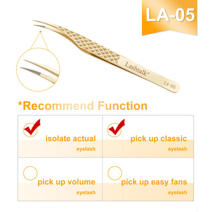 Lashtalk Precision Fiber Tip Tweezer Eyelash Extensions Diamond Grip Anti-Slip Premium Gold Stainless Steel Makeup With Box Pack