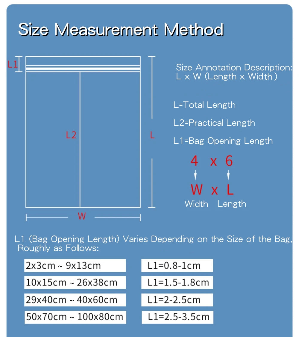 100 Pcs/Pack 5-12 Wire Self Seal Clear Plastic Poly Resealable Ziplock Bags Food Storage Fresh Package Reclosable Multi Size
