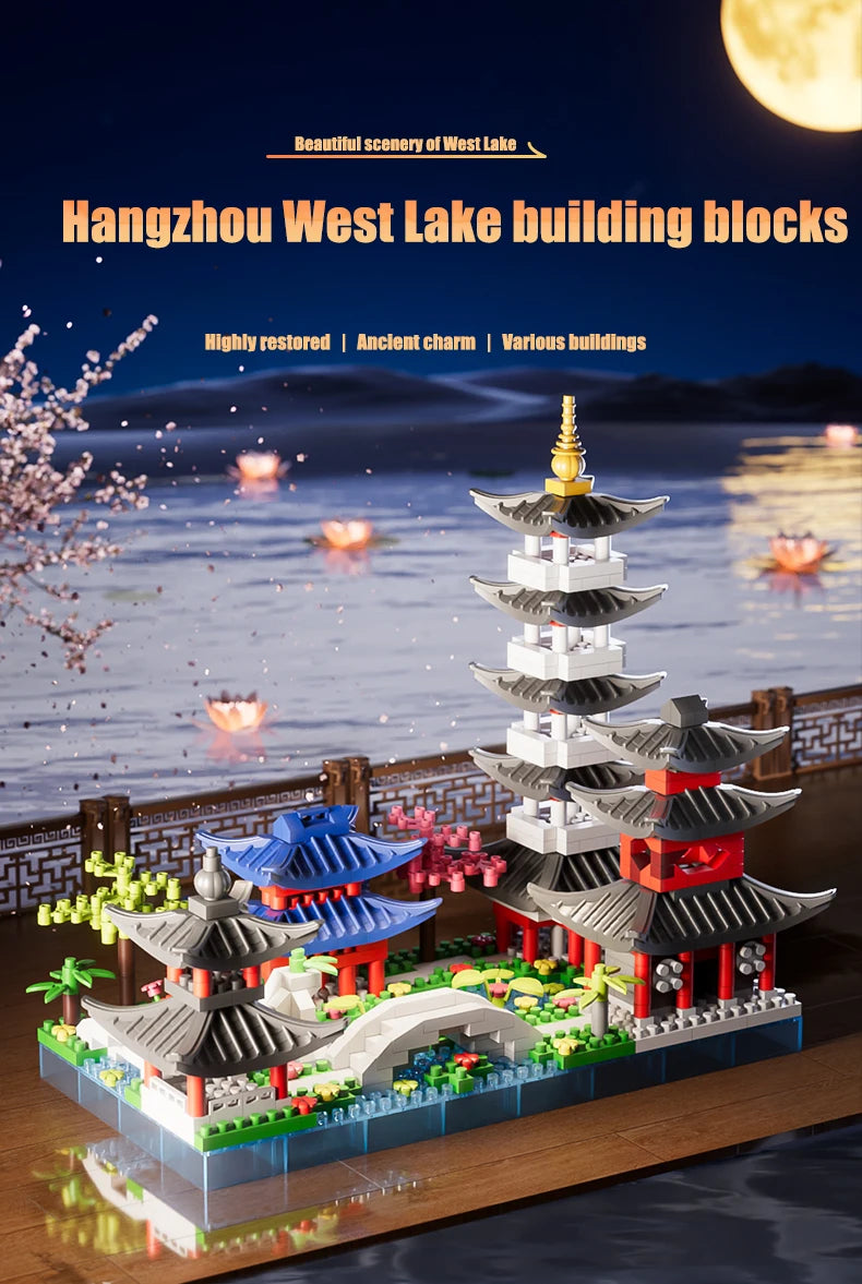 688PCS Hangzhou West Lake, Chinese Architecture, Classic Building Puzzle Toys, Miniature Building Block Sets, Models