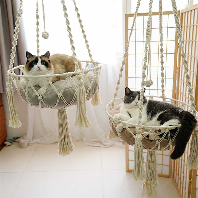 Winter Pet Hammock Cat Swing Hand Woven Cotton Rope Cats Hanging Basket  Kitten Hanging String Den Indoor Pend Nest Pet Supplies