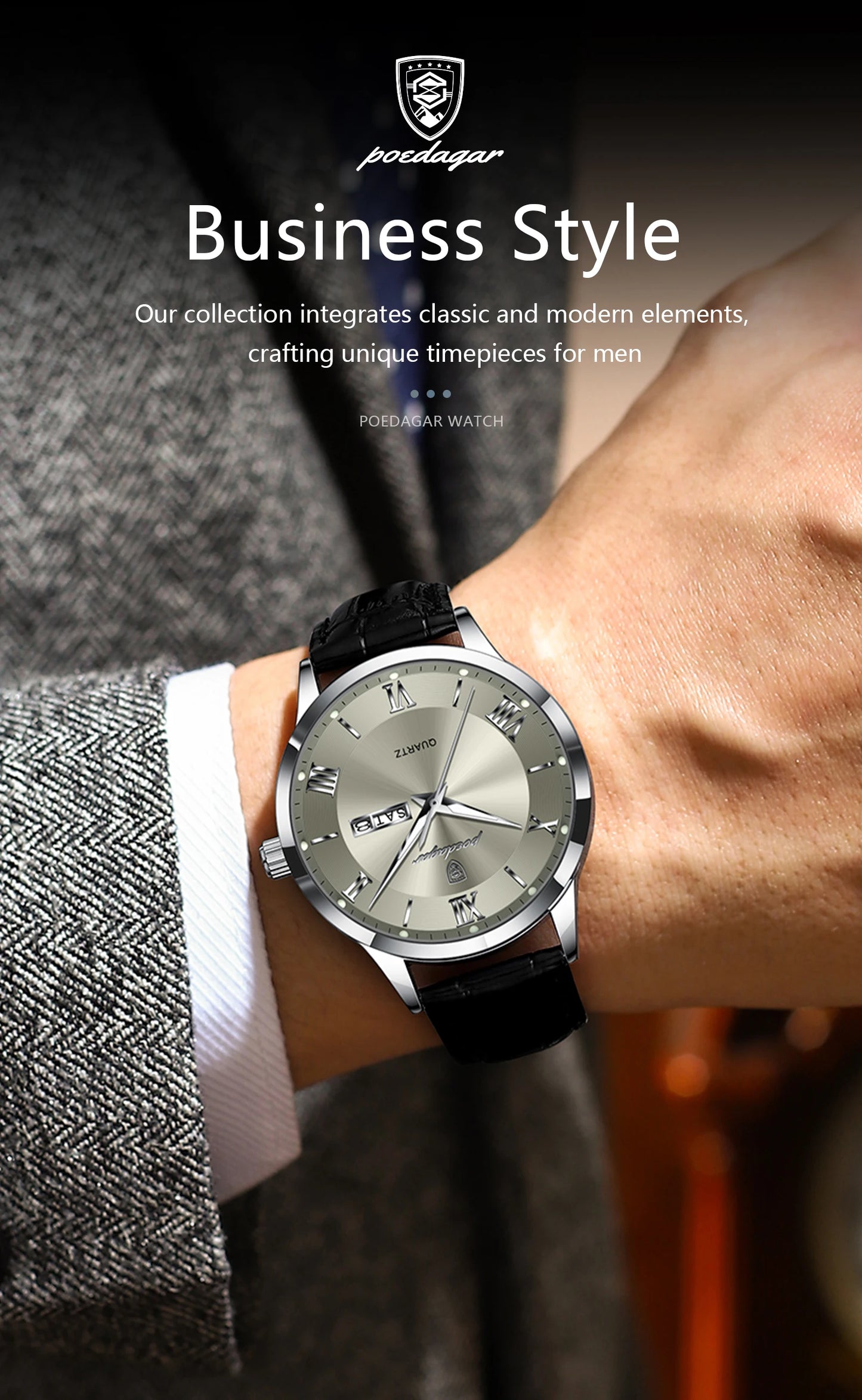 POEDAGAR Business Brand Men Clock Waterproof Luminous Date Week Fashion Man Wristwatch Leather Luxury Men's Quartz Watches Reloj