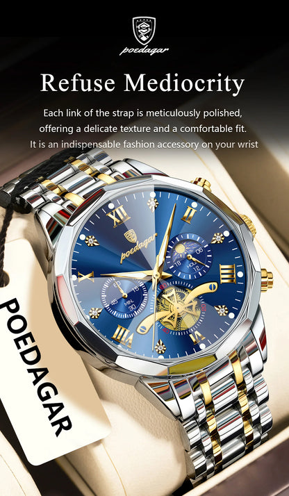 POEDAGAR Luxury Original Men Watch Waterproof Luminous Chronograph Man Wristwatch Stainless Steel Quartz Top Men's Watches Reloj