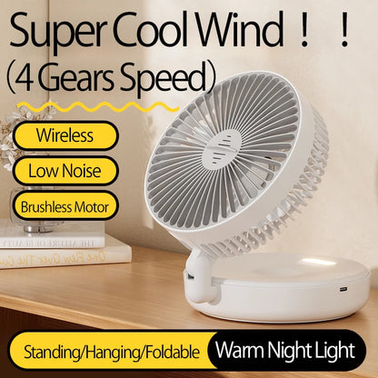 2024 New Rechargeable 3IN1 Multifunctional Portable Fan Wall Mounted Fan 90° Folding Fan 4 Gears With Warm Night Light