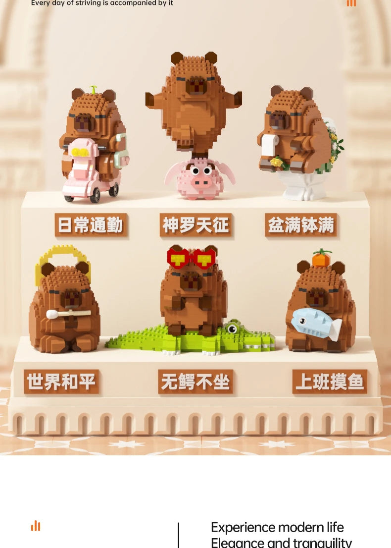 "Cute Capybara Block Figure - Desktop Decor Model with Orange Accessory | Meme Lover's Collectible"