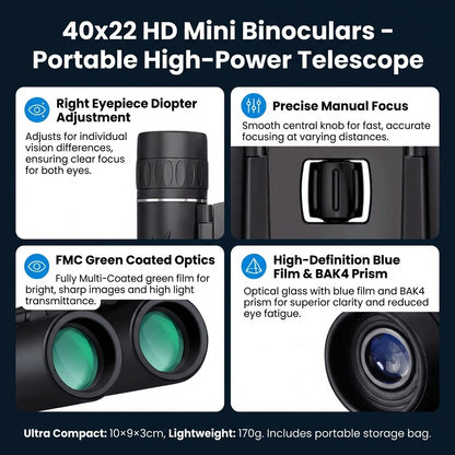 40x22 HD Binoculars with BAK4 FMC, Folding Mini Telescope with 2000M Long Range, Ideal for Hunting, Sports, Camping & Travel