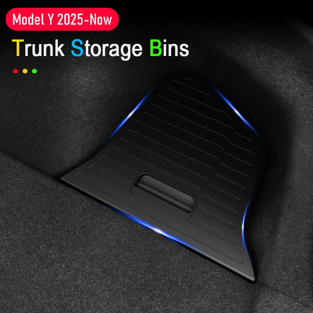 For Tesla Model Y Juniper 2025 Rear Trunk Side Storage Box Cargo Organizer TPE Bin Box Flocking Mat Partition Board Accessories
