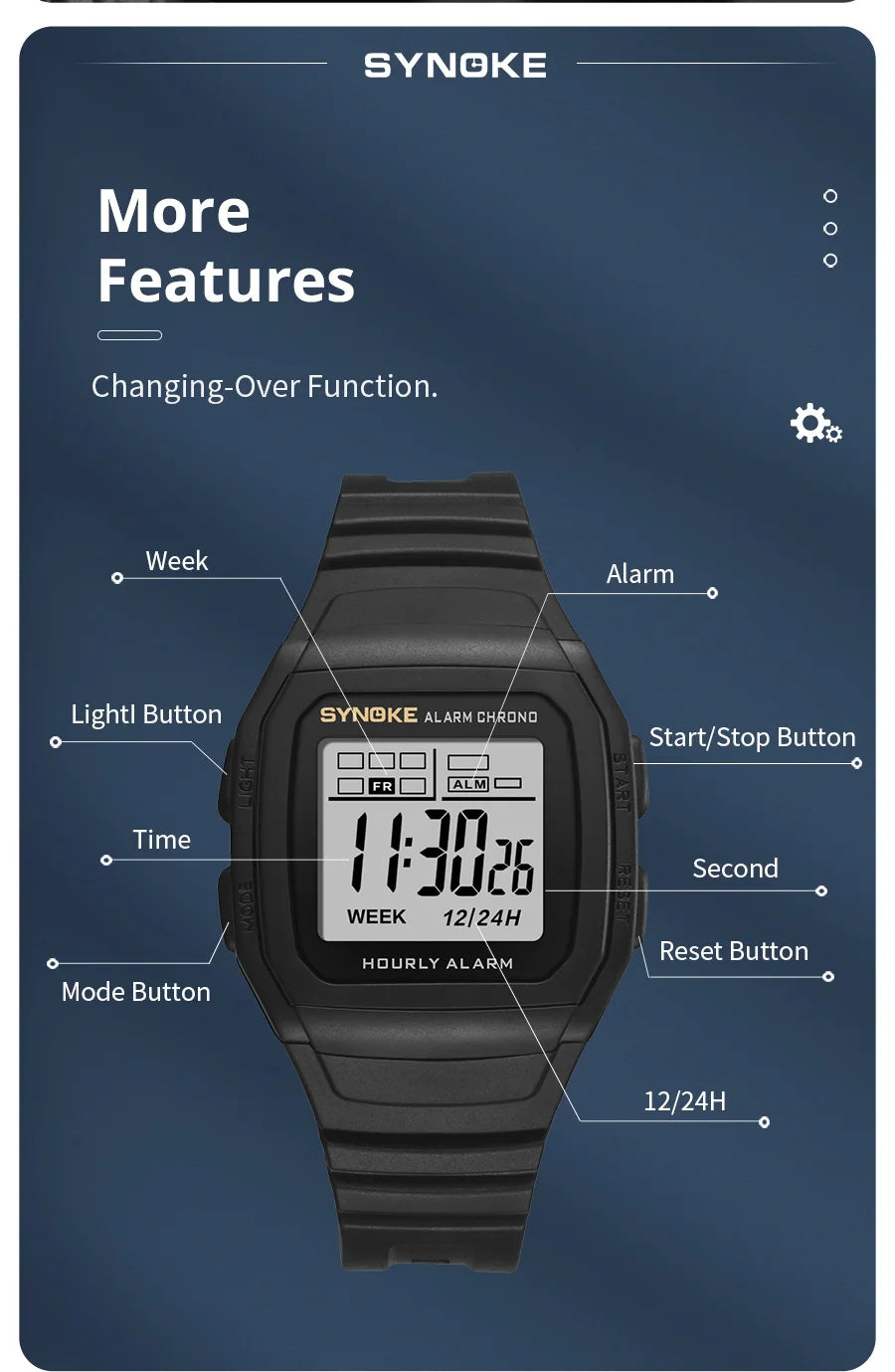 SYNOKE Digital Watch Student Electronic Outdoor Sports Boy Luminous Waterproof MultiFunction Watch Retro Square Watch