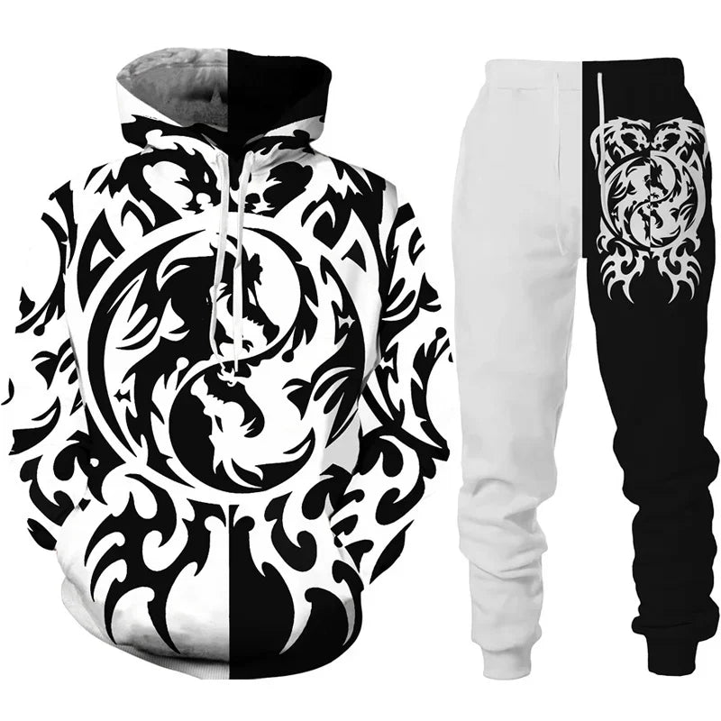 Retro Dragon Tattoo Tracksuit Set – 3D Print Hoodie & Pants, Casual Oversized 2-Piece Sweatshirt Outfit for Men & Women