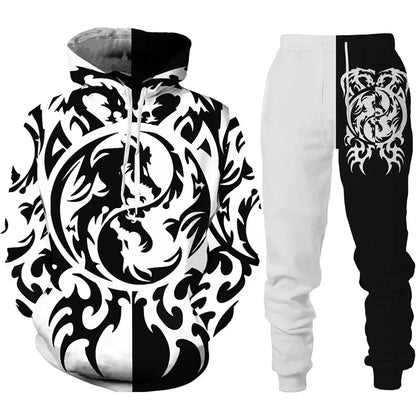 Retro Dragon Tattoo Tracksuit Set – 3D Print Hoodie & Pants, Casual Oversized 2-Piece Sweatshirt Outfit for Men & Women