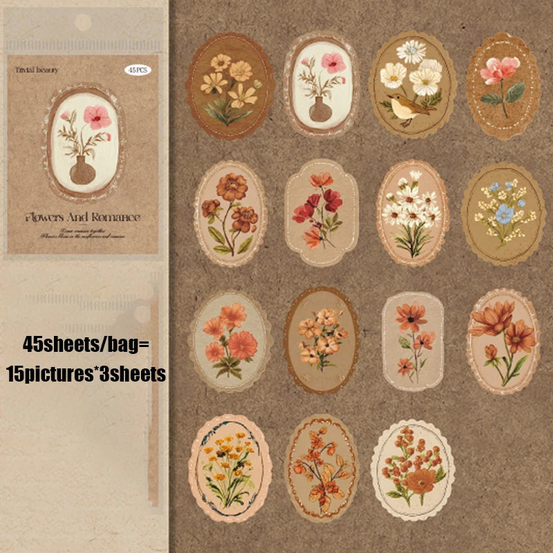 Mr. Paper 45pcs Serene Florals Sticker Pack - Boxed Flower Theme Collection, DIY Journal Collage Decor Set, Literary Stationery