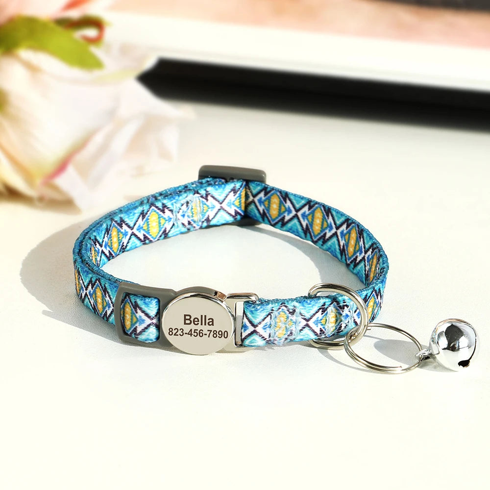 Personalized Printed Cat Collar Adjustable Kitten Puppy Collars With Free Engraved ID Nameplate Bell Anti-lost Cats Collars