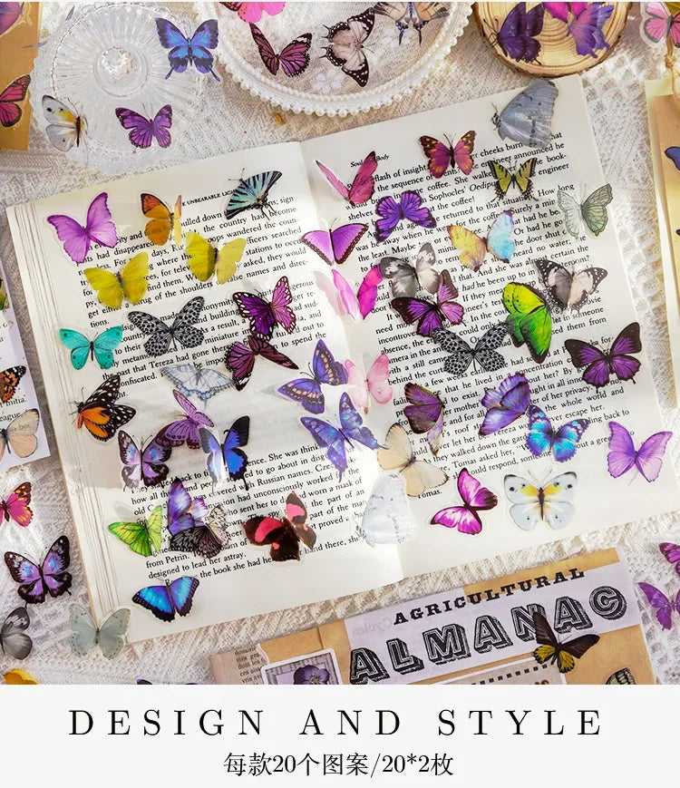 Journamm 40pcs/pack Butterfly Series Stickers Art Collage Junk Journal DIY Scrapbooking PET Waterproof Craft Aesthetics Stickers