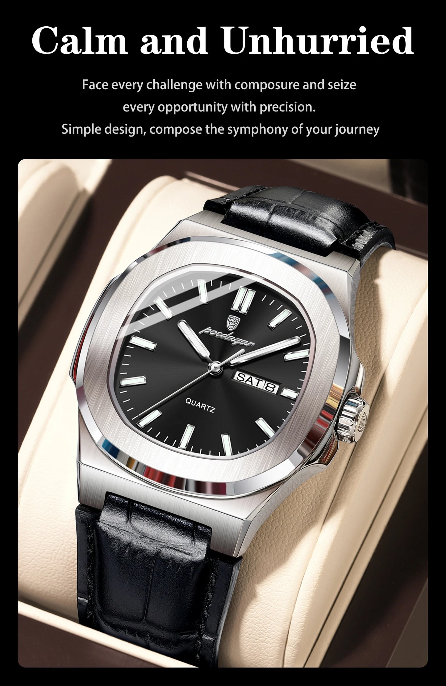 POEDAGAR Square Wristwatch For Men Luminous Waterproof Week Calendar Luxury Man Clock Leather Quartz Fashion Men's Watches Reloj